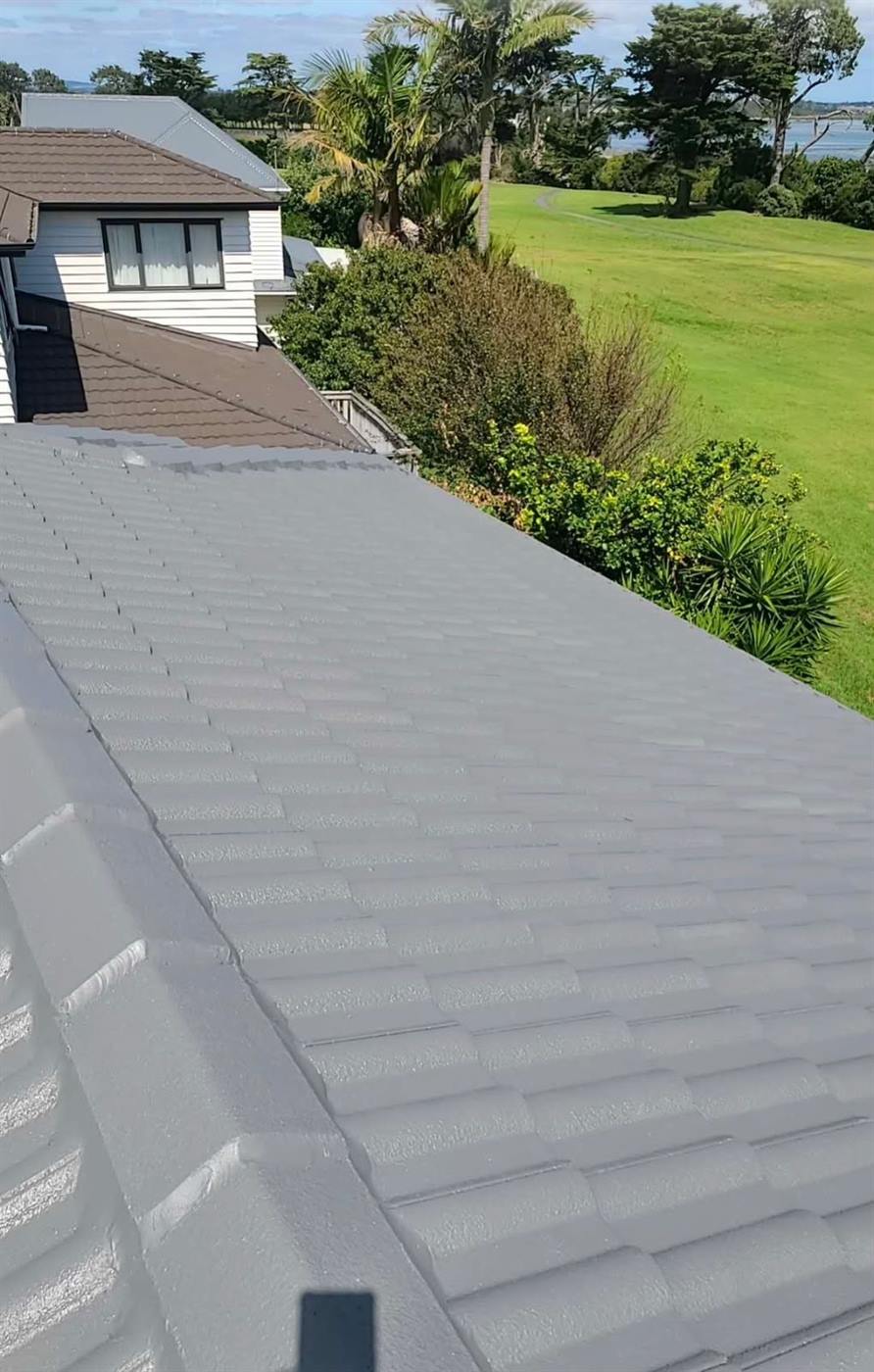 A restored concrete tile roof on a property backing onto lawn and water